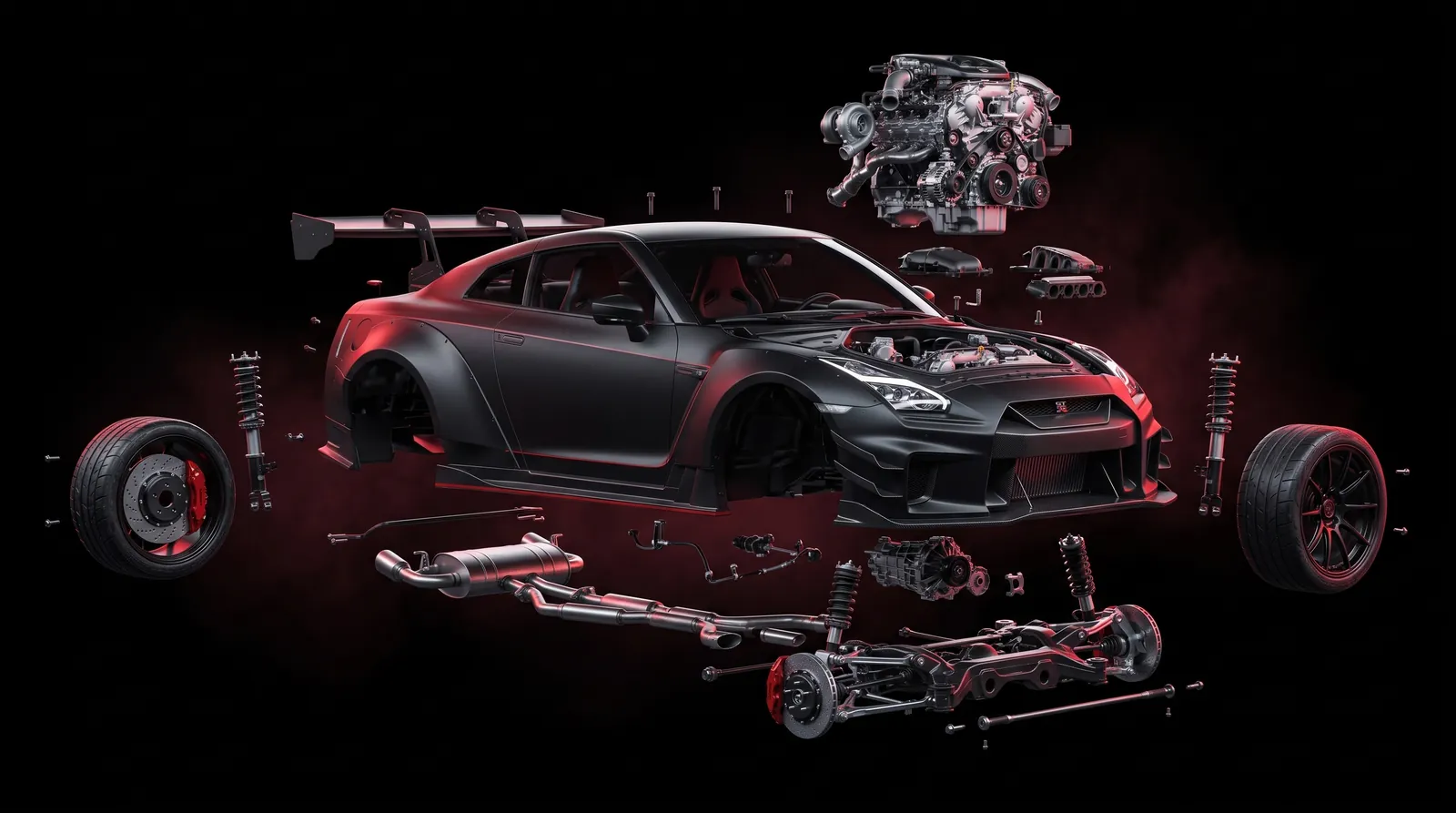 The car's components suspended in the air around the body shell