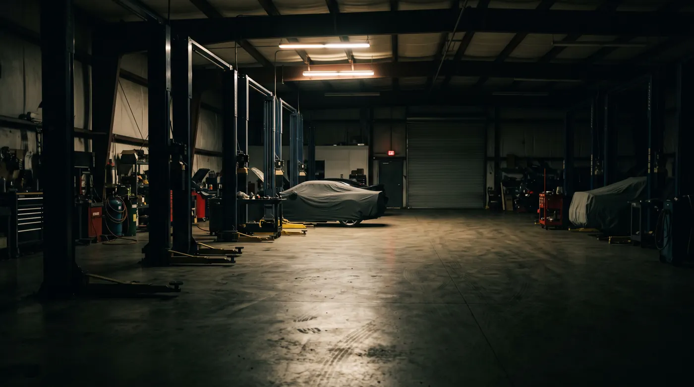 The service bay at night with one lit stall