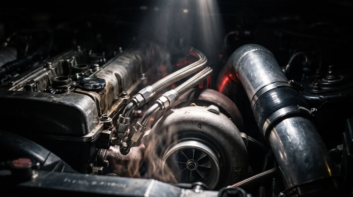 A turbocharger and braided lines in an engine bay, lit from above