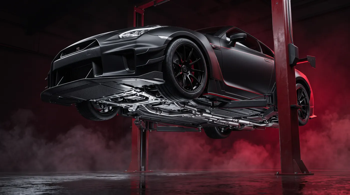 A car raised on a two-post lift with its underside exposed