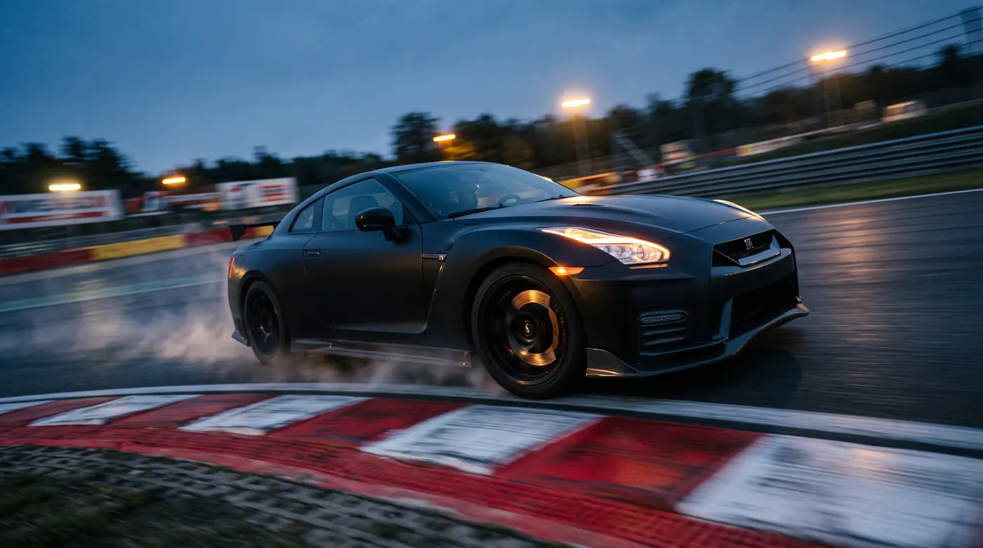 A black coupe turning in at a circuit apex at dusk